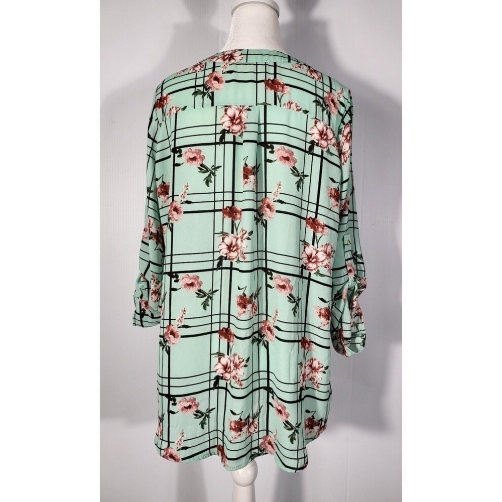 WishFull Park‎ Women's Floral Cool Green Plaid Blouse Size L - Picture 3 of 9